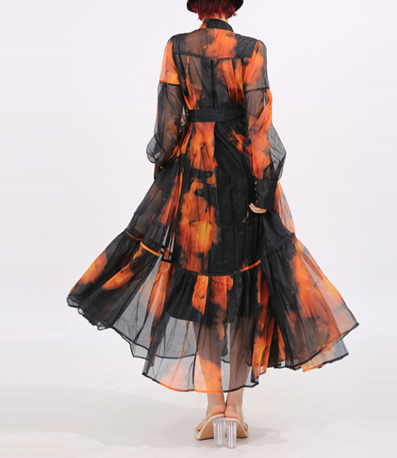 sheer printed maxi dress with tie waist – EMBER