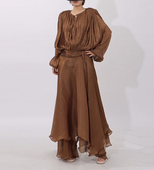 draped chiffon maxi dress with batwing sleeves – BRONZE