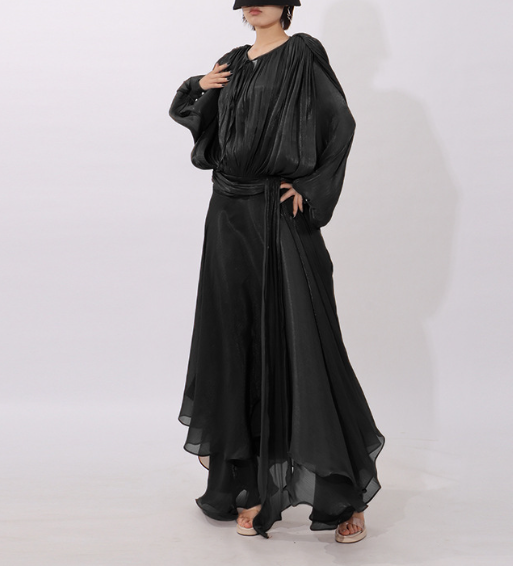 draped chiffon maxi dress with batwing sleeves – BRONZE