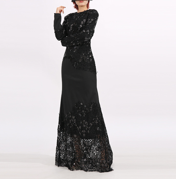 lace-panel long-sleeve evening maxi dress – ALLURE