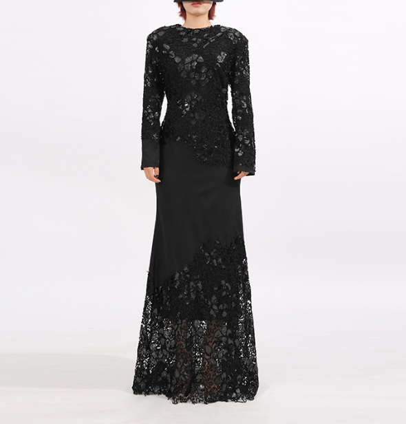 lace-panel long-sleeve evening maxi dress – ALLURE