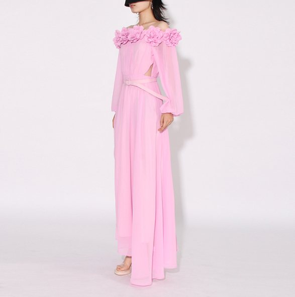 off-shoulder chiffon maxi dress with floral appliqué – SERENA