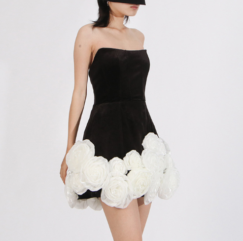 strapless mini dress with sculpted rose hem – PETAL