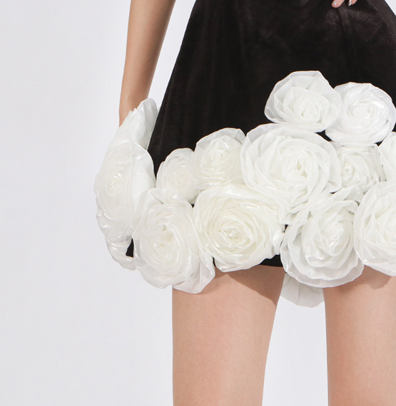 strapless mini dress with sculpted rose hem – PETAL