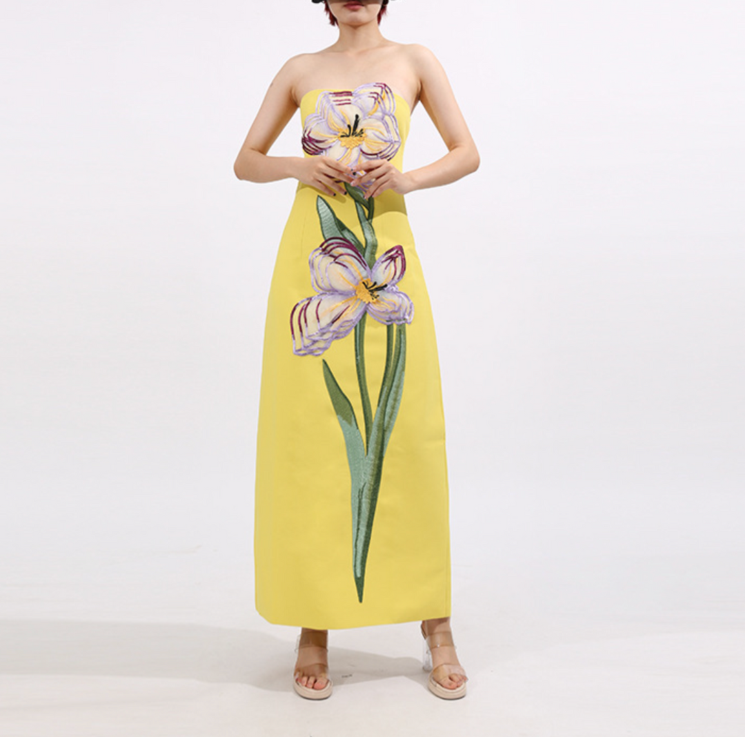Strapless Column Maxi Dress with Floral Embroidery – IRIS