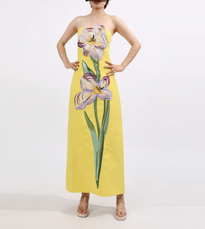 Strapless Column Maxi Dress with Floral Embroidery – IRIS