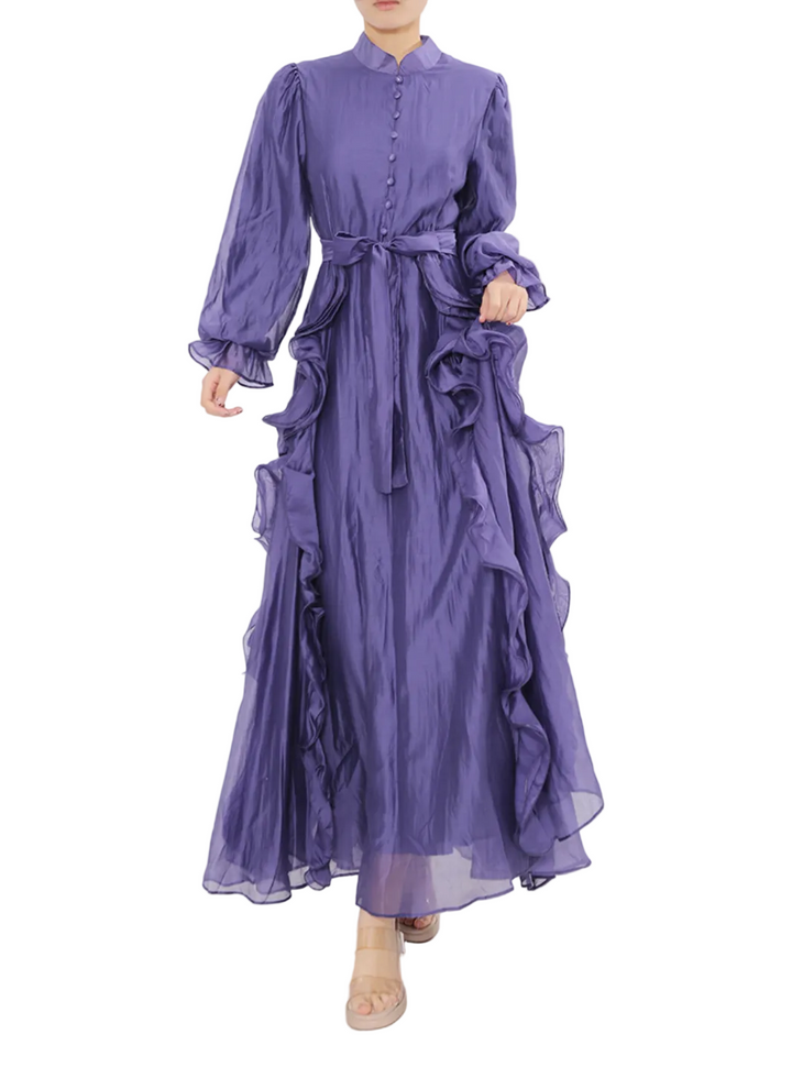 فستان ماكسي بأكمام طويلة مزين بكشكشة ورباط عند الخصر - أوليفيا