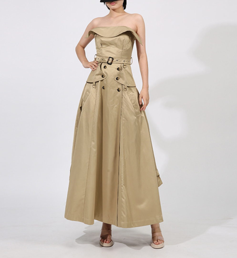 فستان ماكسي بدون حمالات بتصميم ترنش وخصر محدد بحزام - صحارى