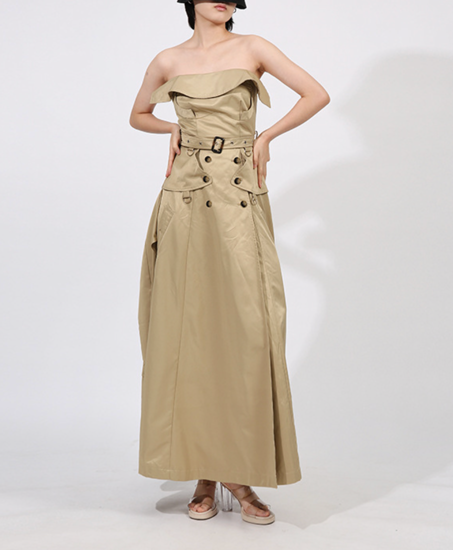 فستان ماكسي بدون حمالات بتصميم ترنش وخصر محدد بحزام - صحارى