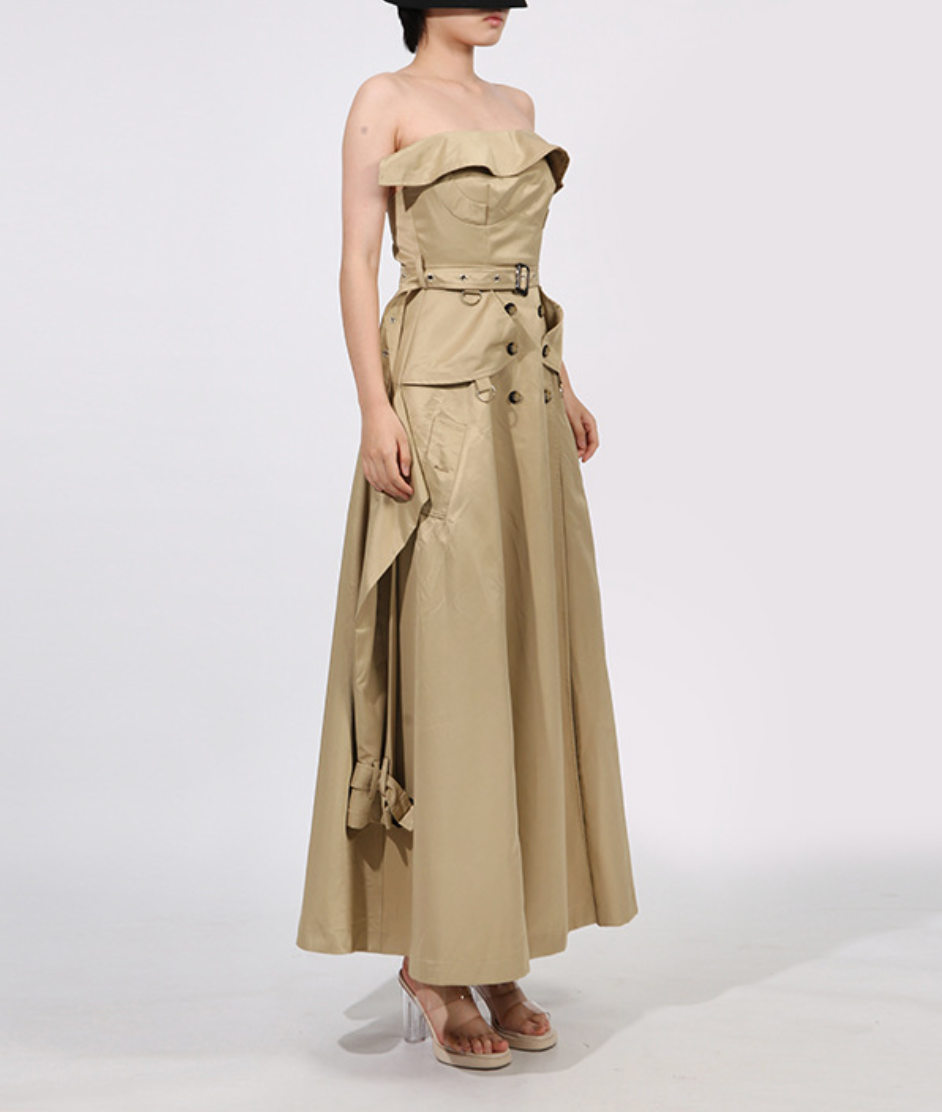 فستان ماكسي بدون حمالات بتصميم ترنش وخصر محدد بحزام - صحارى