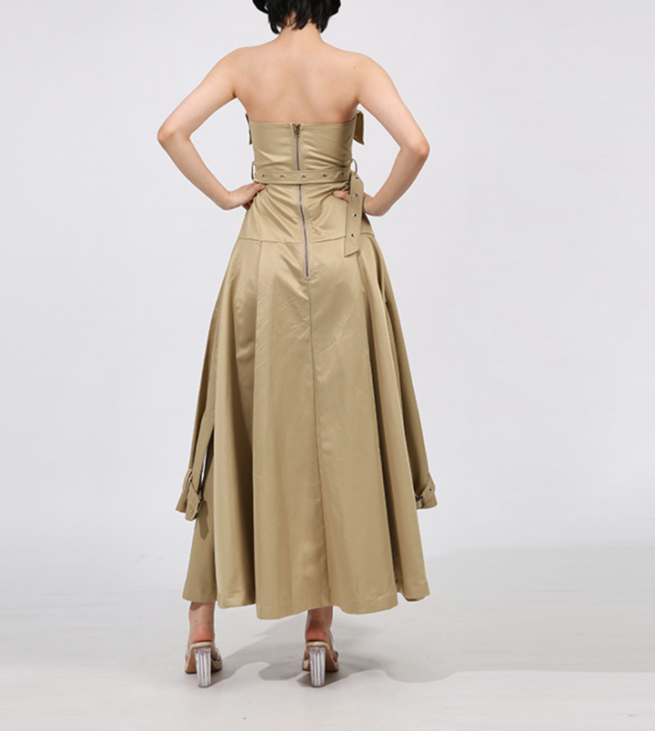 فستان ماكسي بدون حمالات بتصميم ترنش وخصر محدد بحزام - صحارى