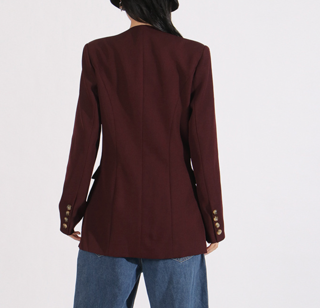 بليزر ملفوف غير متماثل بخصر محدد بحزام - بوردو
