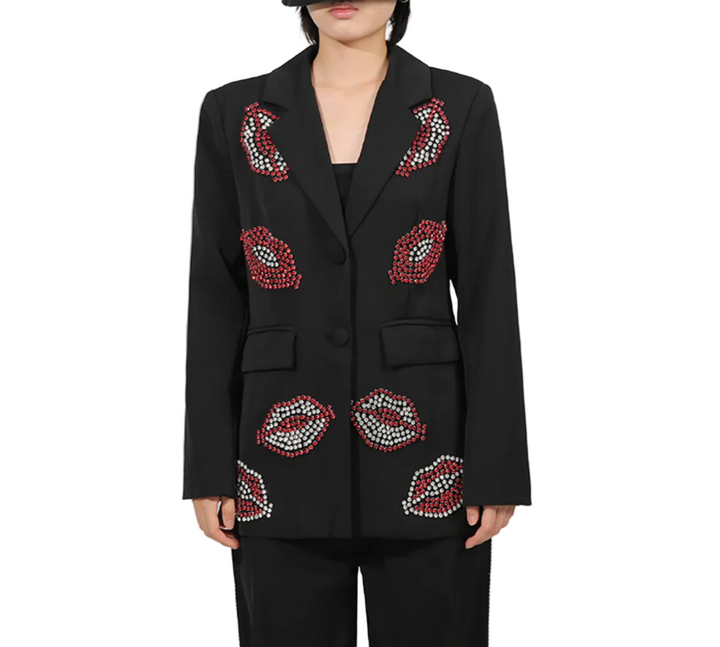 embellished tailored blazer with crystal lip motifs – ROUGE