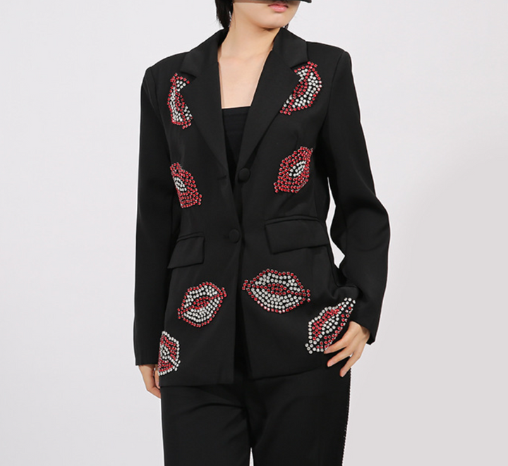 embellished tailored blazer with crystal lip motifs – ROUGE