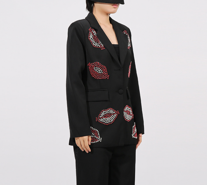 embellished tailored blazer with crystal lip motifs – ROUGE