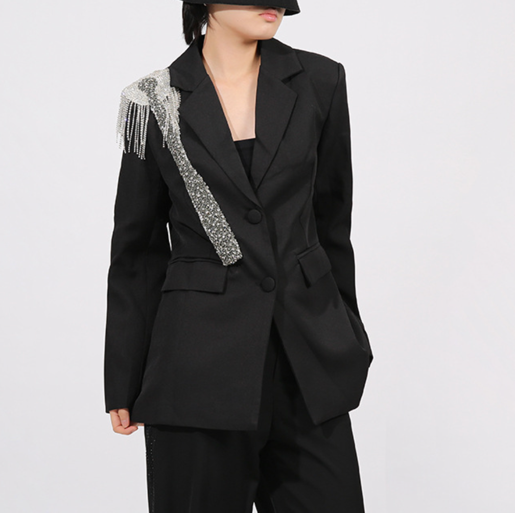 tailored blazer with crystal fringe shoulder embellishment – SILVER