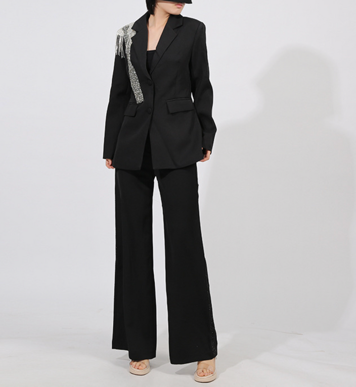 tailored blazer with crystal fringe shoulder embellishment – SILVER