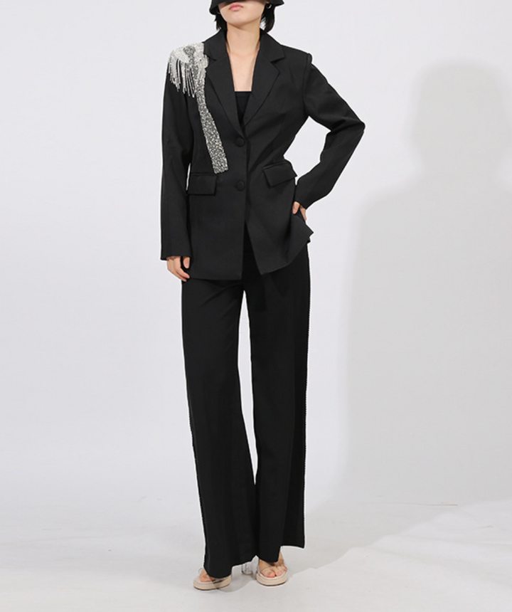 tailored blazer with crystal fringe shoulder embellishment – SILVER