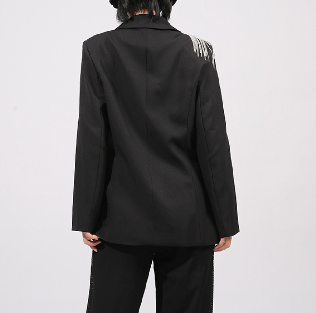 tailored blazer with crystal fringe shoulder embellishment – SILVER