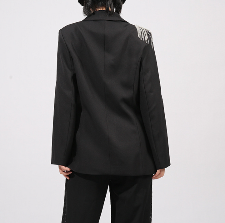 tailored blazer with crystal fringe shoulder embellishment – SILVER