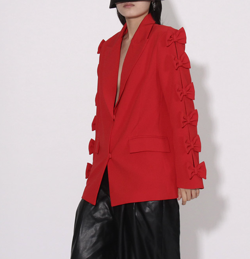 tailored blazer with bow-embellished sleeves – SCARLET