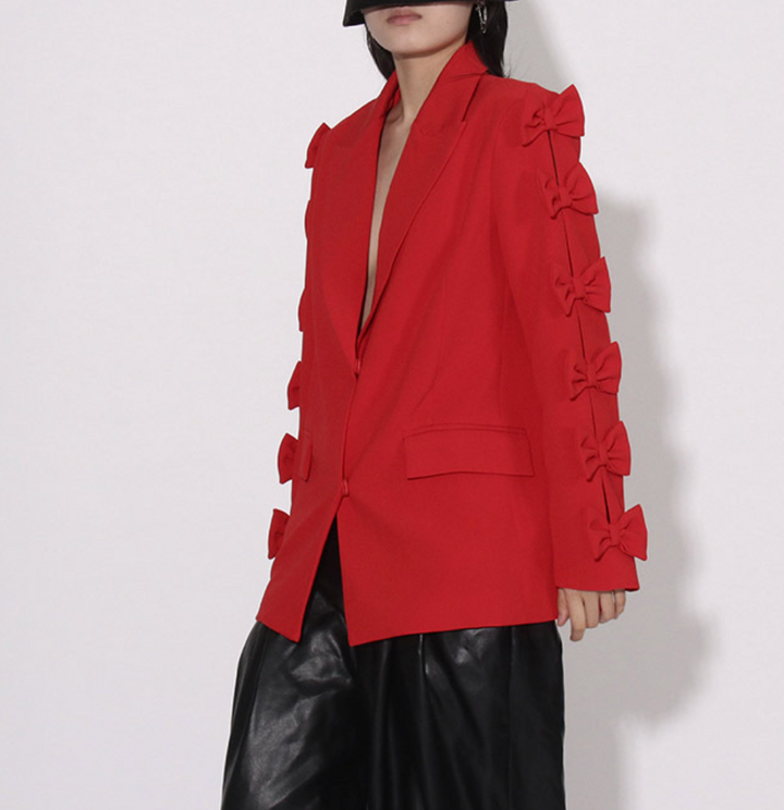 tailored blazer with bow-embellished sleeves – SCARLET