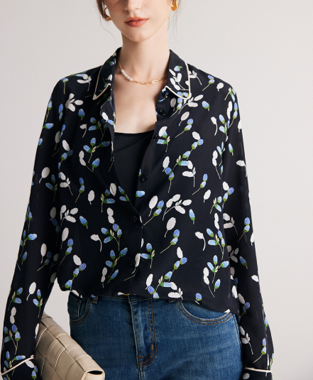 printed button-down blouse with contrast piping – FLORIA