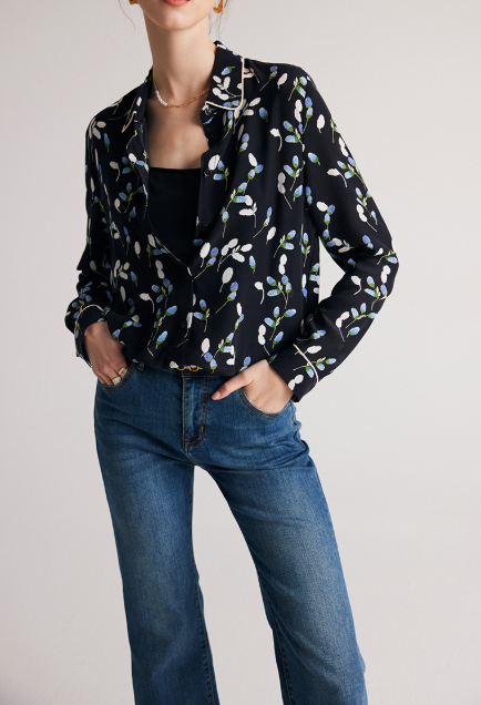 printed button-down blouse with contrast piping – FLORIA