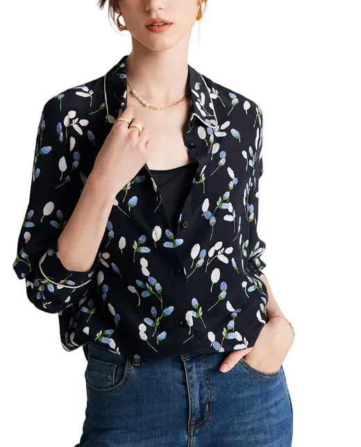 printed button-down blouse with contrast piping – FLORIA