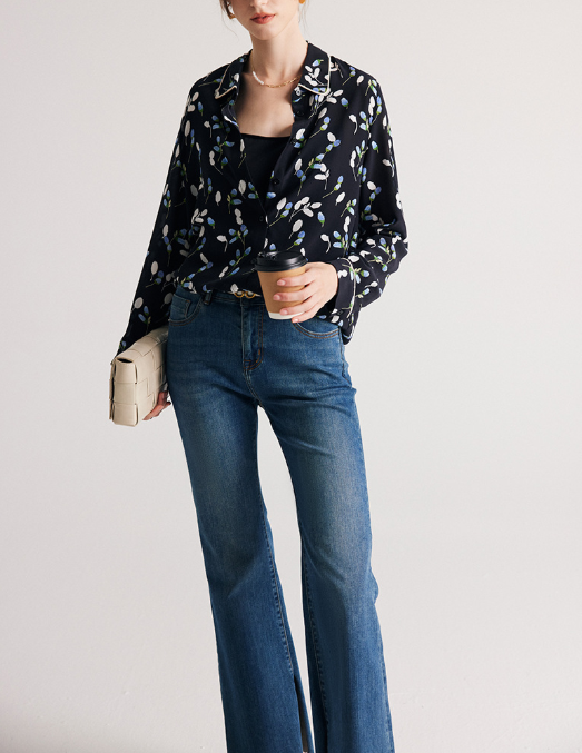 printed button-down blouse with contrast piping – FLORIA