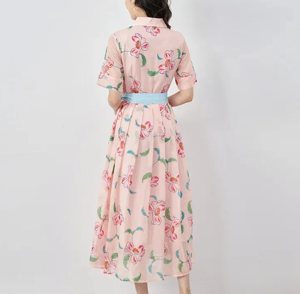 floral shirt maxi dress with contrast waist tie – BLOSSIA