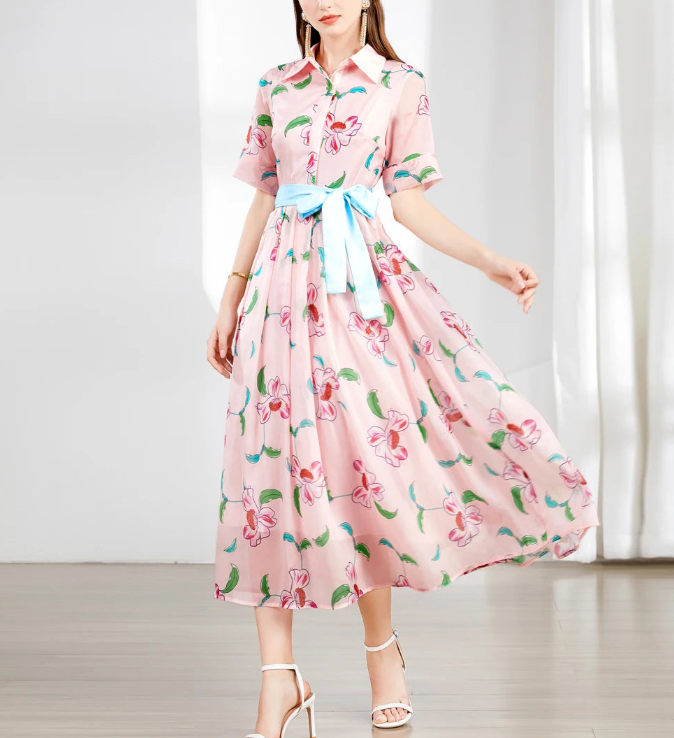 floral shirt maxi dress with contrast waist tie – BLOSSIA
