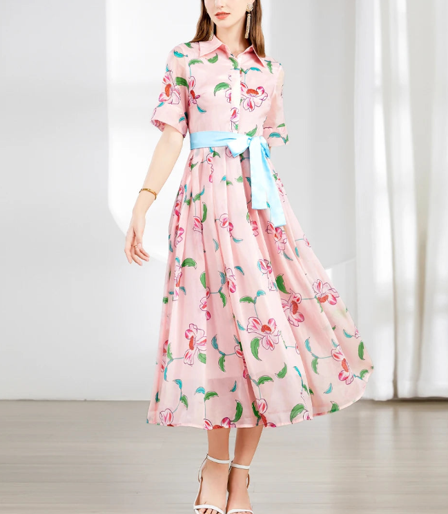 floral shirt maxi dress with contrast waist tie – BLOSSIA