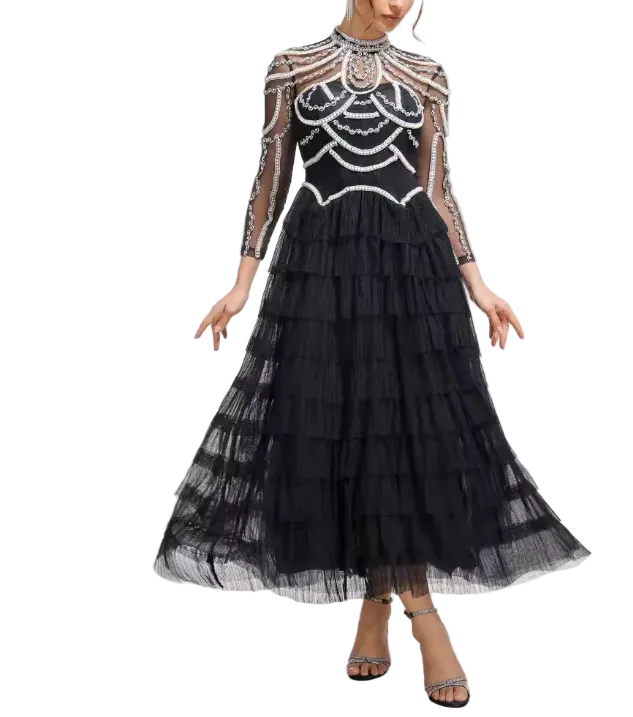 embellished high-neck tulle maxi dress with tiered skirt – SERAPHINA