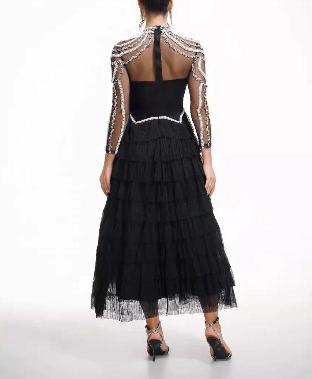 embellished high-neck tulle maxi dress with tiered skirt – SERAPHINA