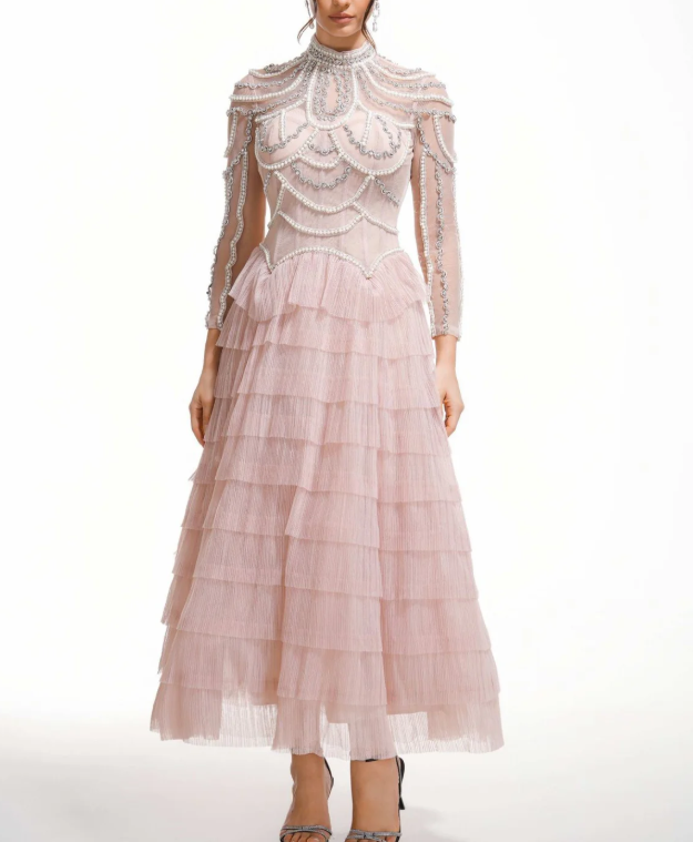embellished high-neck tulle maxi dress with tiered skirt – SERAPHINA