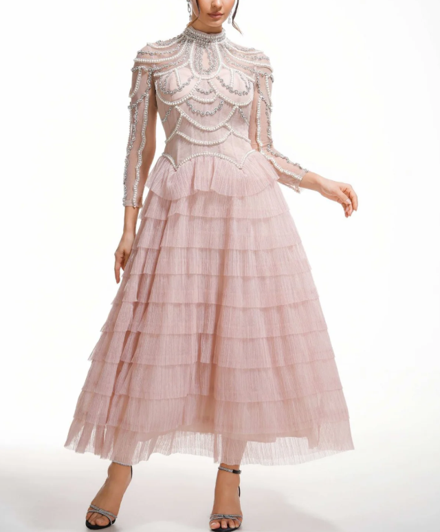 embellished high-neck tulle maxi dress with tiered skirt – SERAPHINA