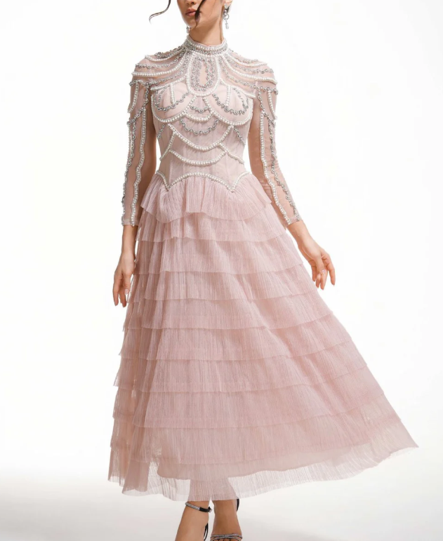 embellished high-neck tulle maxi dress with tiered skirt – SERAPHINA