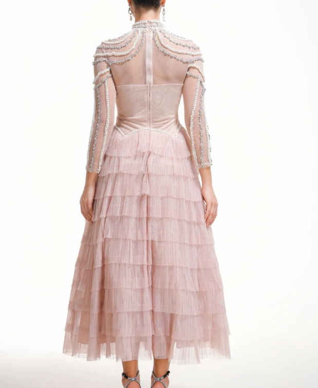 embellished high-neck tulle maxi dress with tiered skirt – SERAPHINA