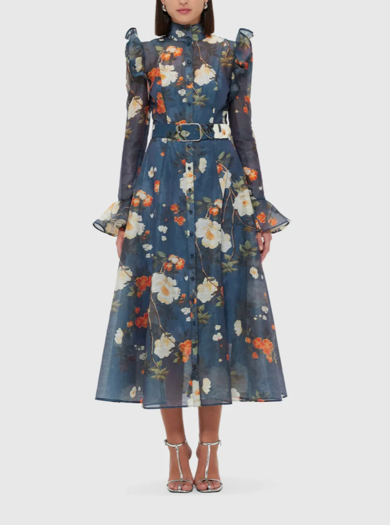 floral chiffon midi dress with puffed shoulders and belt – LEDILA