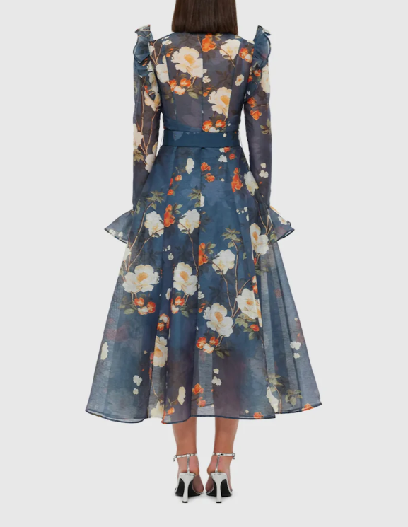 floral chiffon midi dress with puffed shoulders and belt – LEDILA