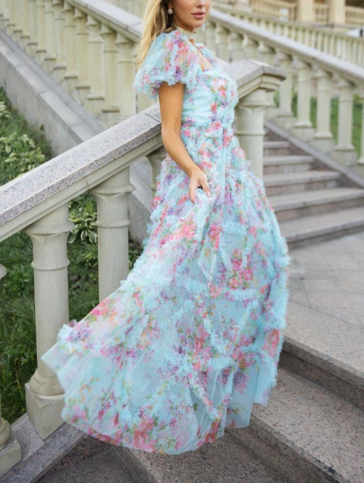 floral tulle midi dress with puff sleeves and waist tie – ELIORA