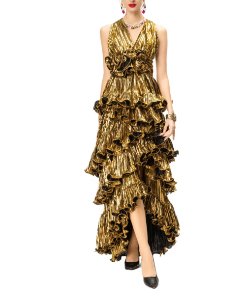 metallic pleated halter dress with tiered ruffles – DALSE