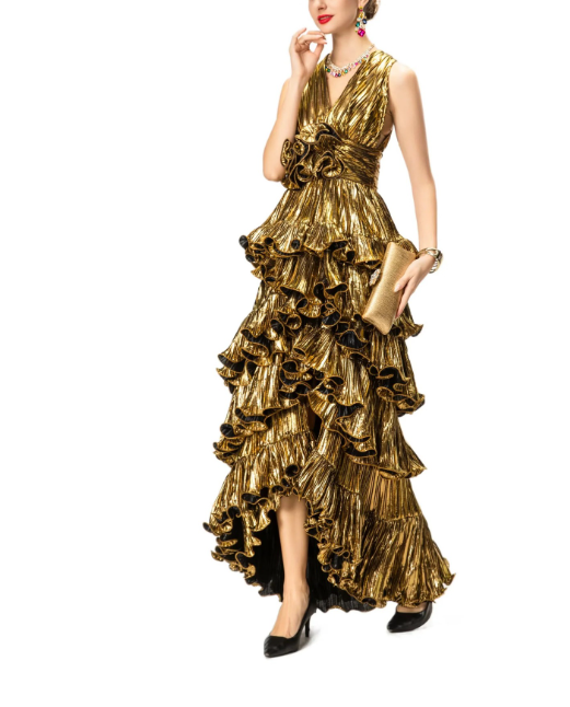 metallic pleated halter dress with tiered ruffles – DALSE