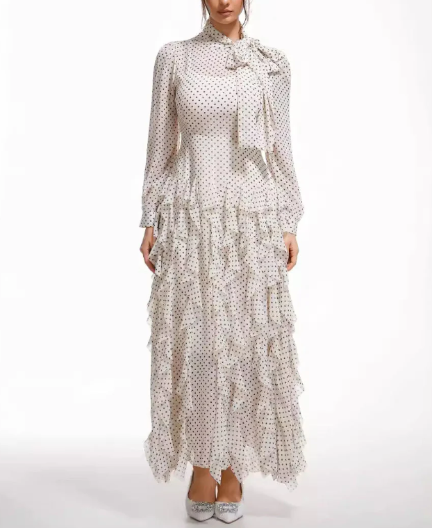 polka-dot chiffon maxi dress with tie-neck and tiered ruffles – ISOLDE