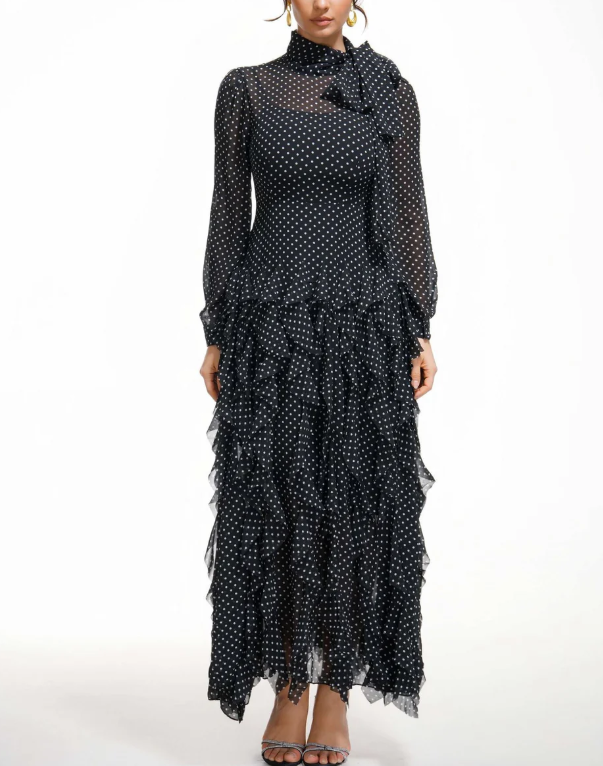 polka-dot chiffon maxi dress with tie-neck and tiered ruffles – ISOLDE