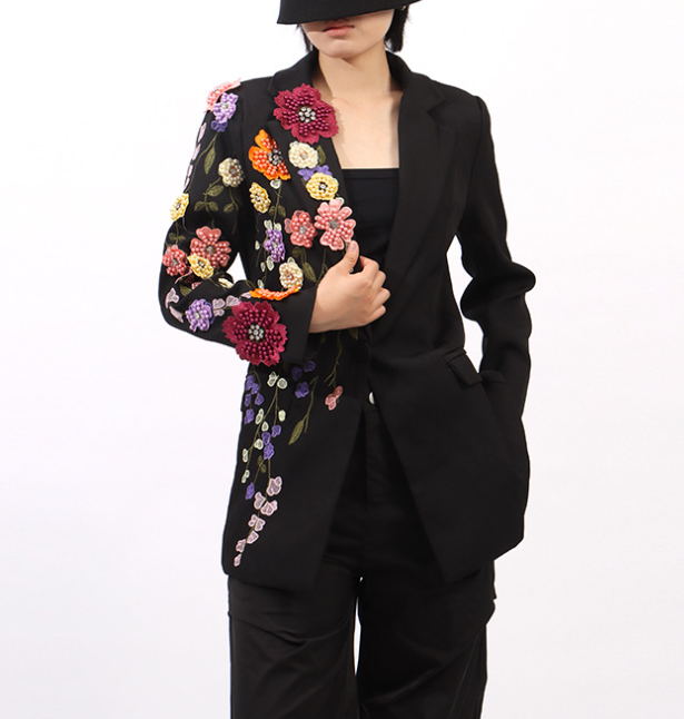 tailored blazer with hand-embellished floral sleeve – FLOREA
