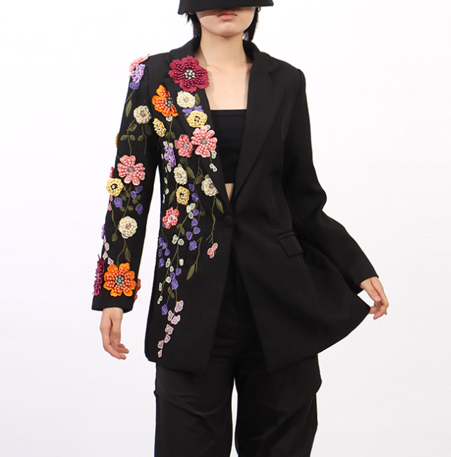tailored blazer with hand-embellished floral sleeve – FLOREA