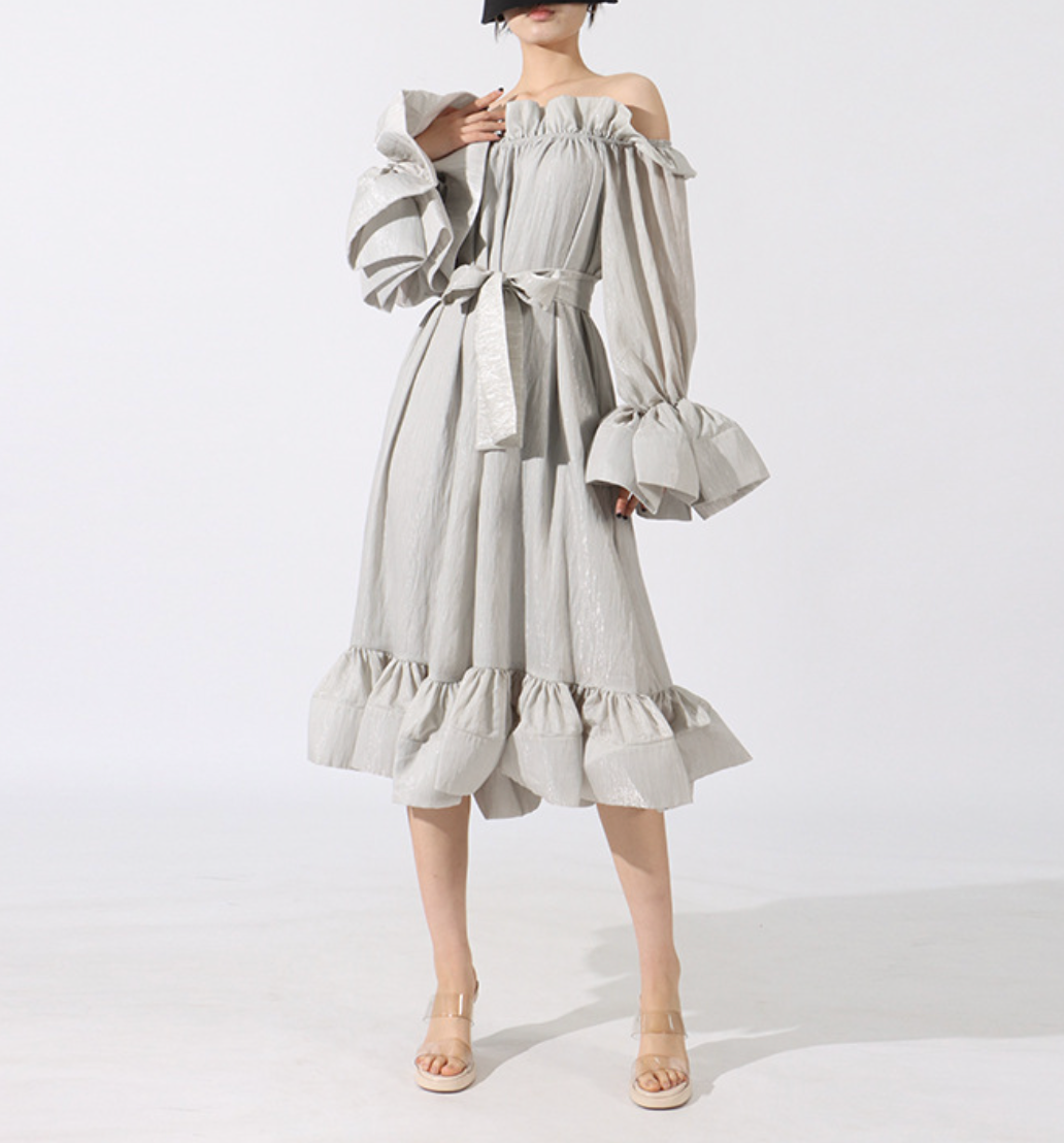 off-shoulder midi dress with ruffled hem and tie waist – PEACH