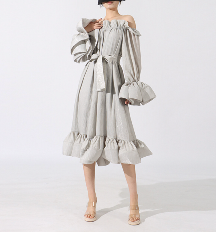 off-shoulder midi dress with ruffled hem and tie waist – PEACH